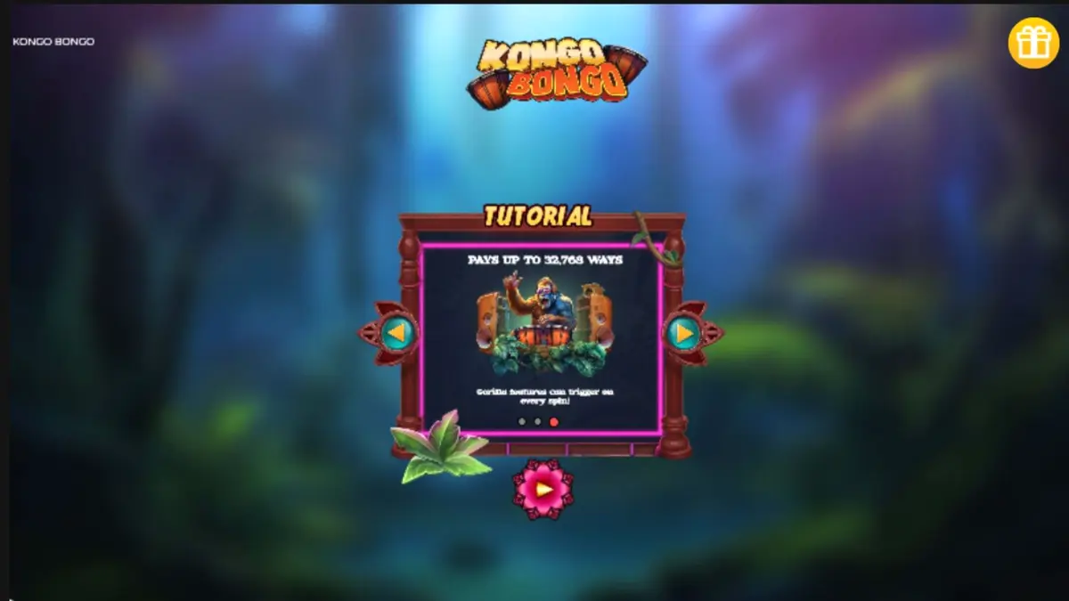 Makulay na jungle theme slot machine na may mga simbolo ng gorilya at mga prutas.