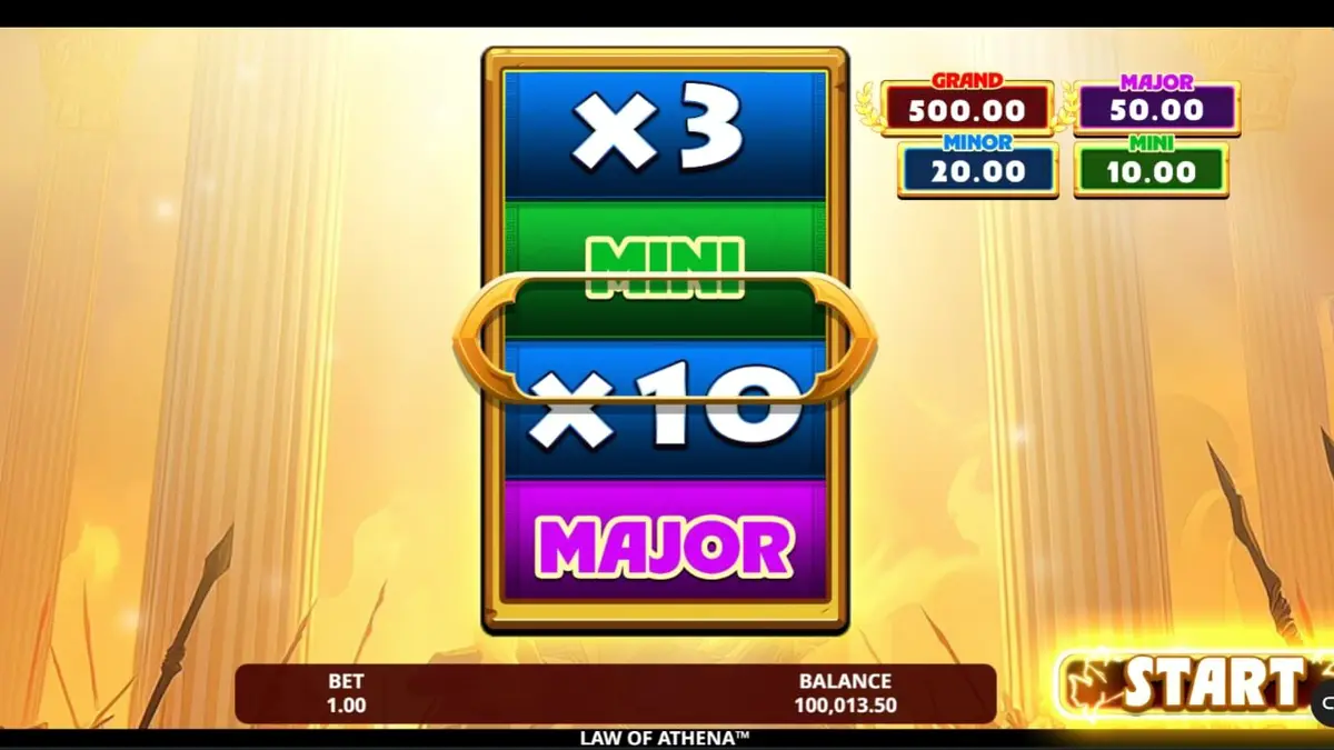 Law of Athena slot machine interface na may temang Greek mythology