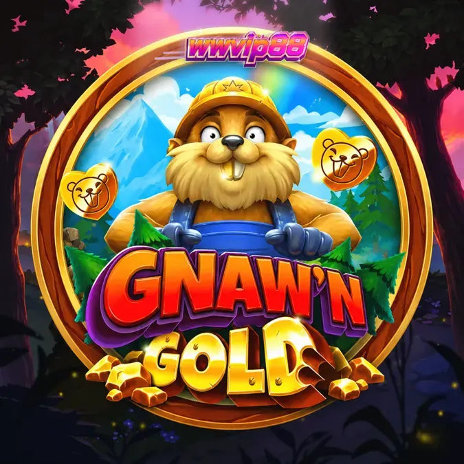 Isang masayang tanawin ng kagubatan na may mga beaver at gintong log sa background ng Gnaw’n Gold slot.